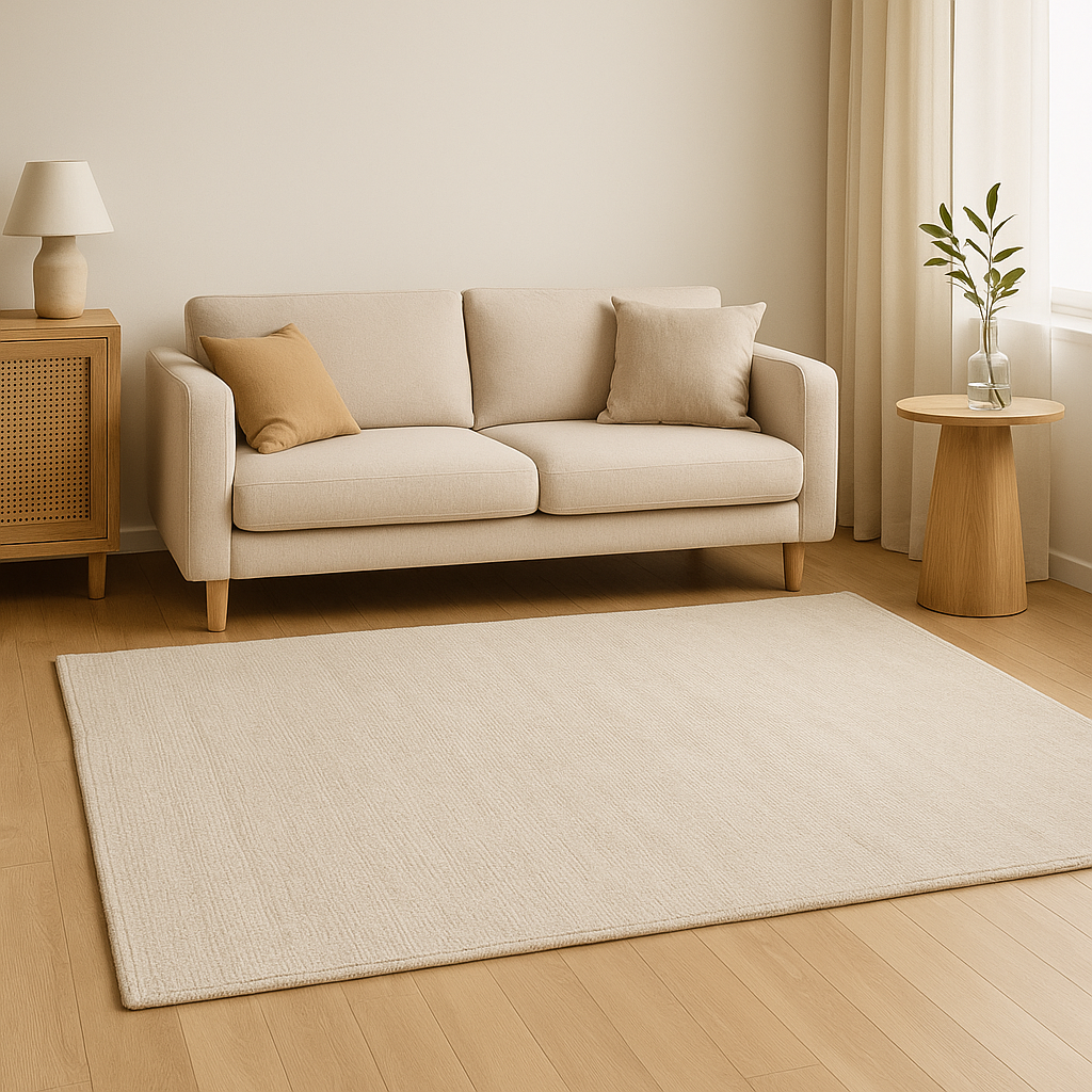 REEMPLAZA: Alfombra de pelo suave en tonos neutros colocada en sala moderna