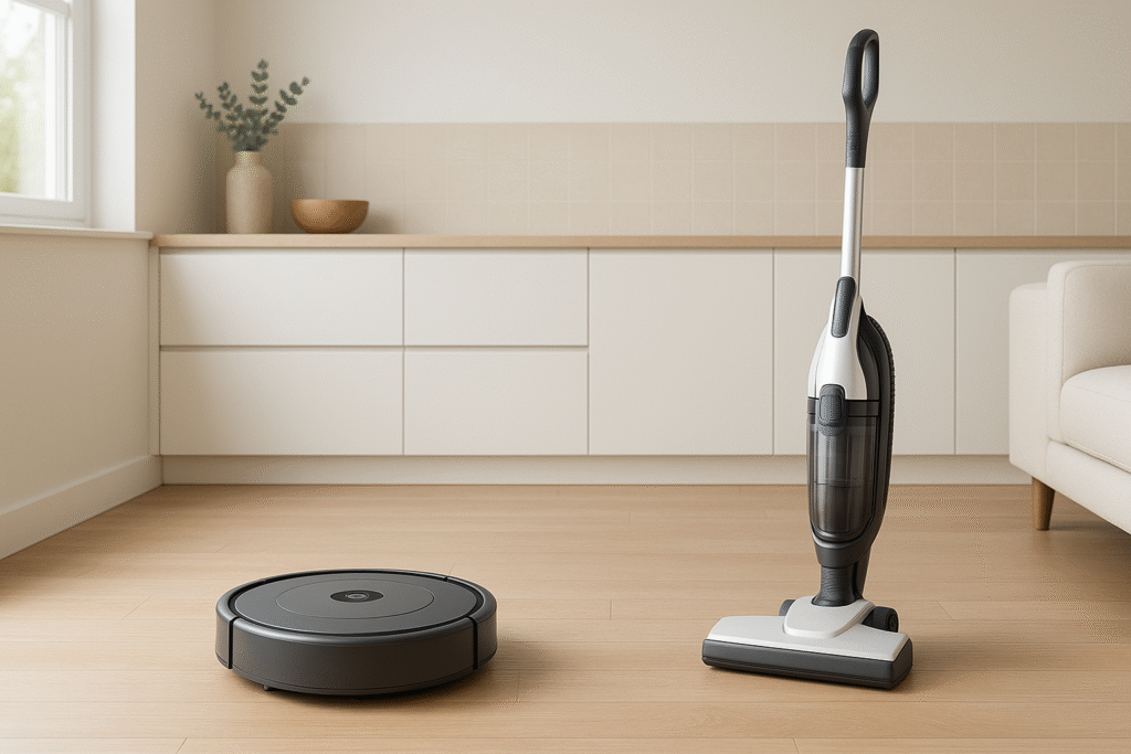 “Banner realista que muestra una cocina moderna con un robot aspirador y una aspiradora tradicional sobre el suelo de madera, representando la categoría Aspiradoras y Robot en besthomeproducts.com”