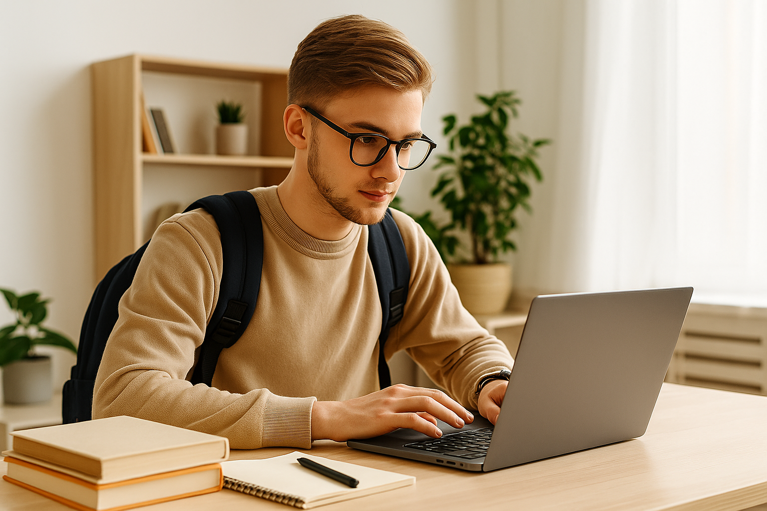 Estudiante usando laptop moderna sobre escritorio con luz natural