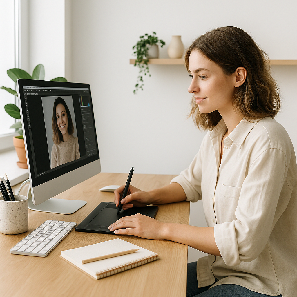 Creadora de contenido trabajando en estudio luminoso con laptop