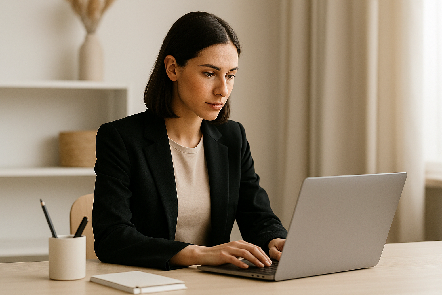 Profesional trabajando en oficina moderna con laptop