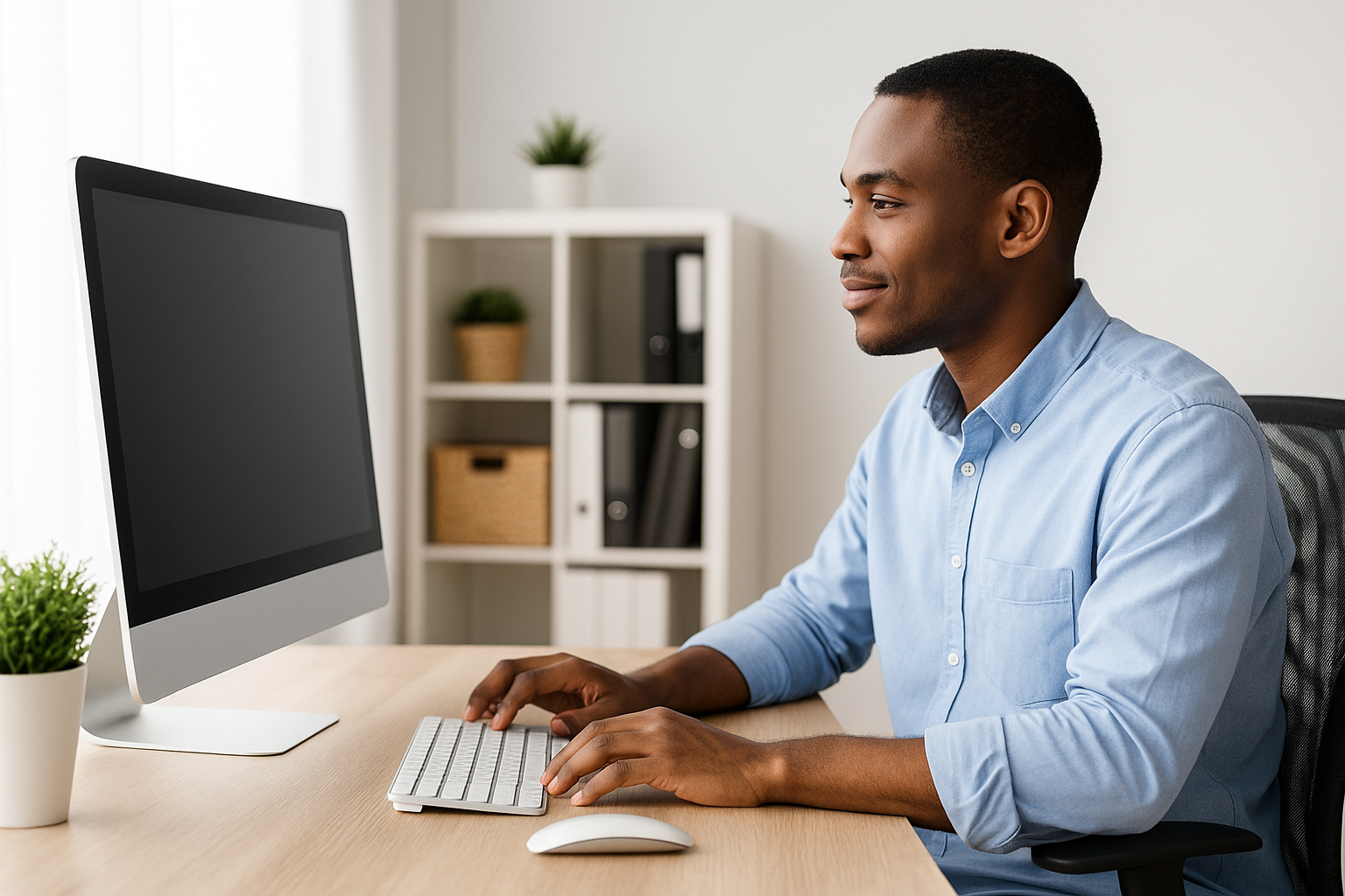 PC de escritorio moderna con monitor grande en oficina luminosa