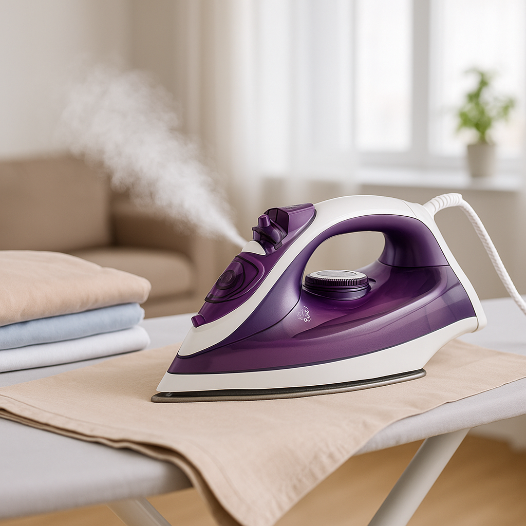 Plancha de vapor moderna sobre una tabla de planchar, con vapor visible, ropa doblada al costado, ambiente luminoso