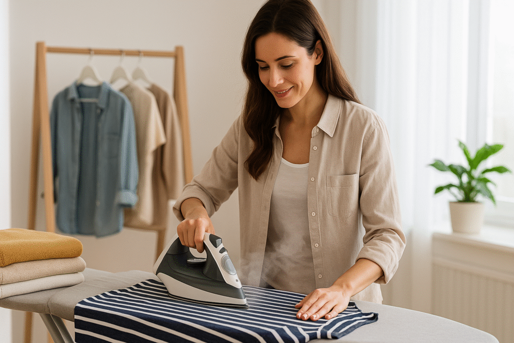“Banner realista con una mujer planchando ropa en una habitación luminosa, acompañada de una plancha de vapor moderna sobre una tabla, representando la categoría Plancha y Cuidado de Ropa en besthomeproducts.com”