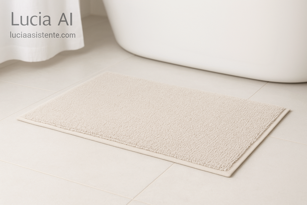 Tapete de bano frente a una banera en un piso blanco usada como imagen destacada