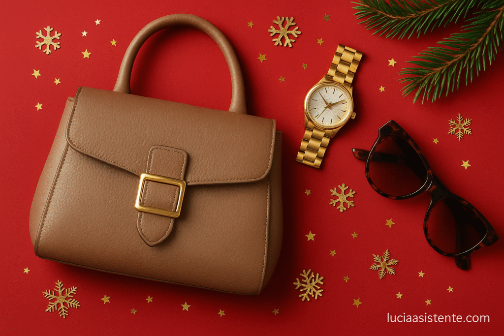 Leather handbag, gold watch, and sunglasses with festive red ornaments. “Fashion accessories and handbags Black Friday 2025” luciaasistente.com