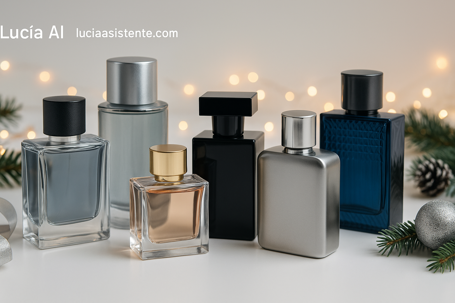 Composición elegante con frascos de perfume masculinos sobre fondo claro, notas amaderadas y toques navideños discretos.