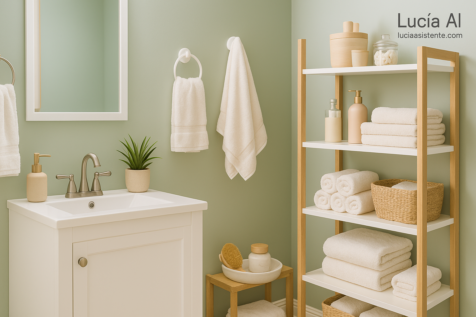 Baños organizado con estantes de madera, toallas dobladas, accesorios de aseo y fondo en tono suave. Estilo catalogo realista con iluminacion calida y detalles decorativos.