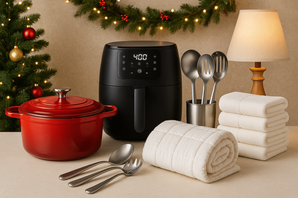 Encimera limpia con cafetera automática, tazas de café, luces cálidas al fondo. “Artículos de hogar y cocina en Black Friday 2025”