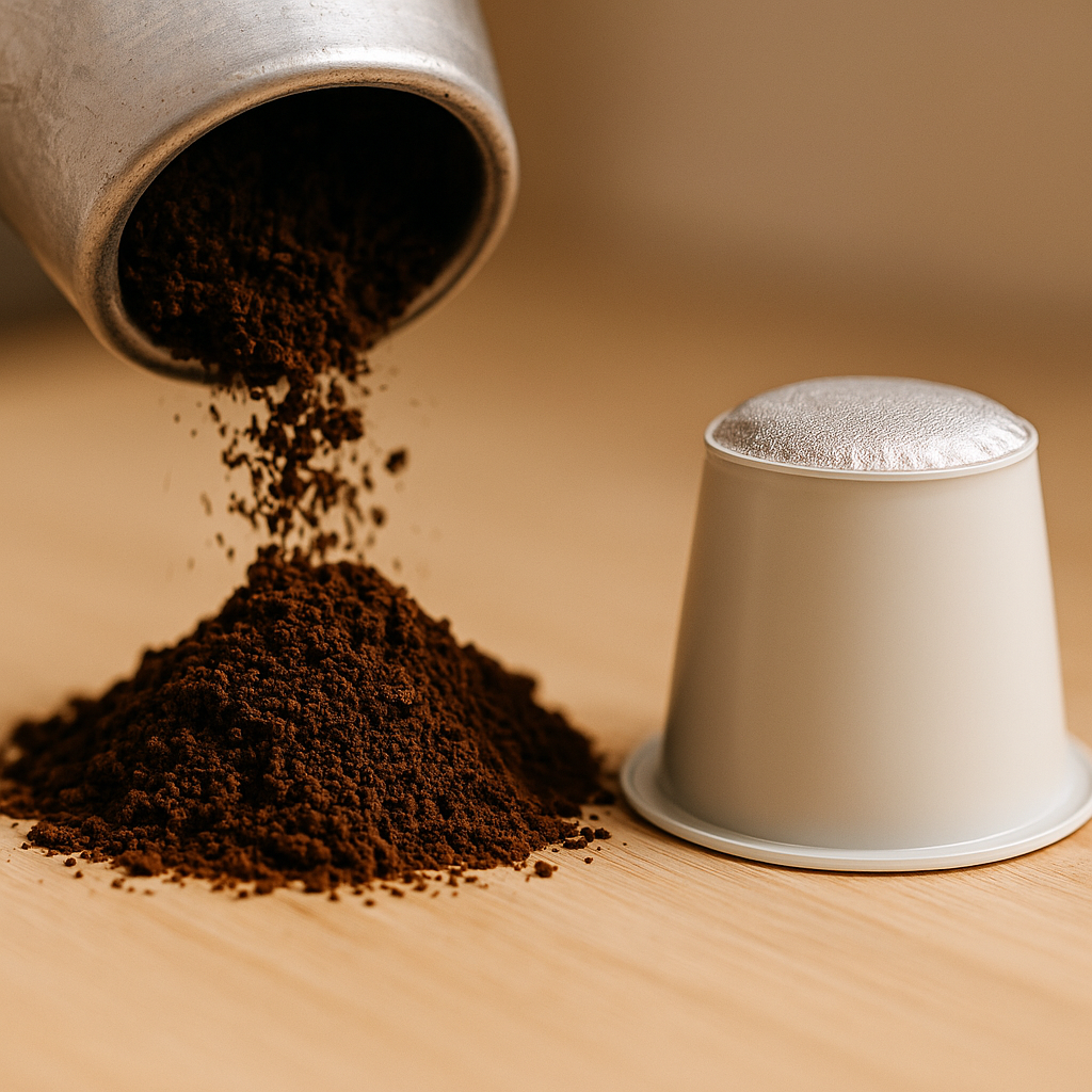 Comparativa entre café molido fresco y cápsula de café lista para usar.