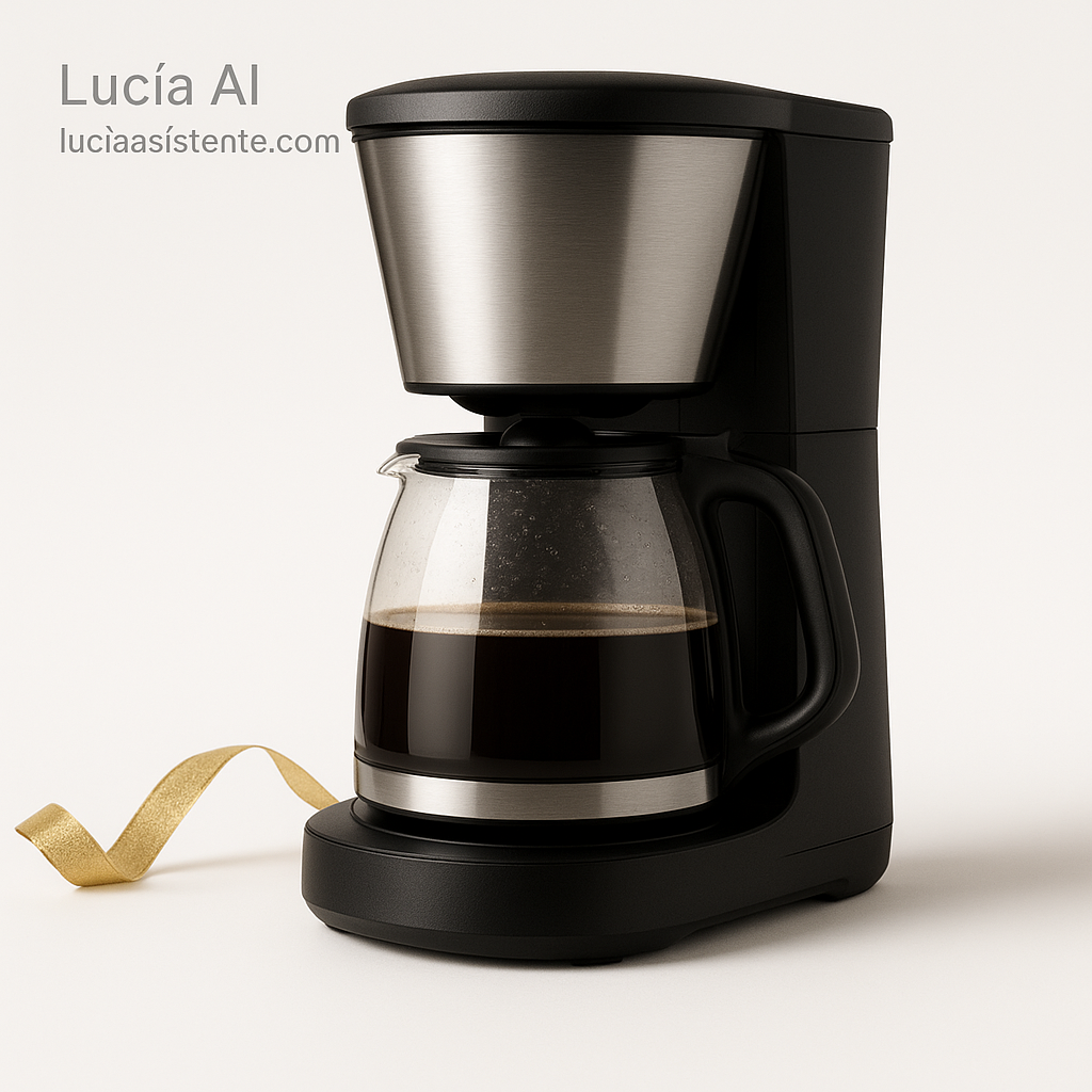 Cafetera moderna tipo espresso sobre fondo blanco.