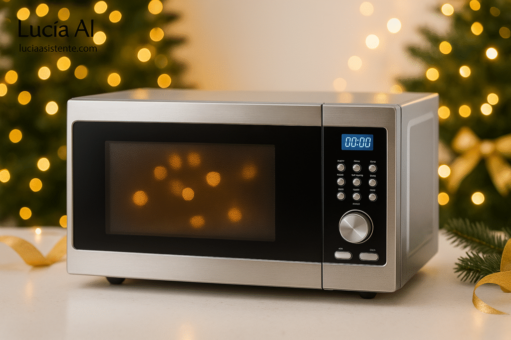 Imagen destacada de un Microondas en una encimera, alrededor luces y obtetos navideños creando un ambiente festivo.