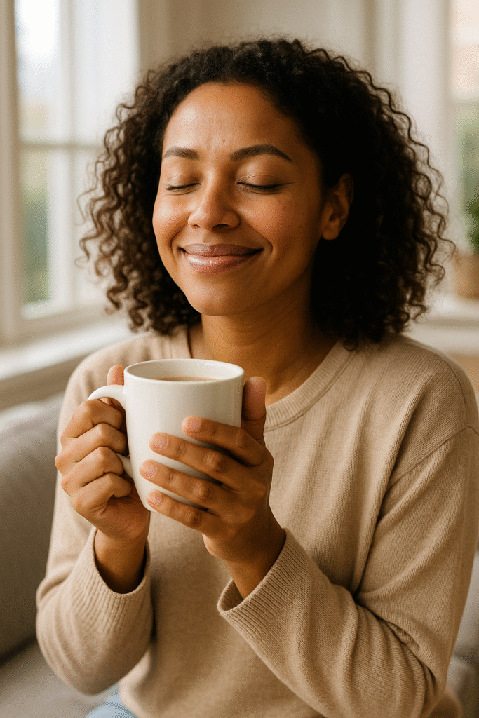 Persona disfrutando su café tras haber analizado si una cafetera de cápsulas en vez una de café en grano