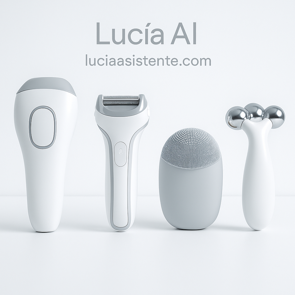 Depiladora IPL, afeitadora, cepillo facial y masajeador en fondo blanco.