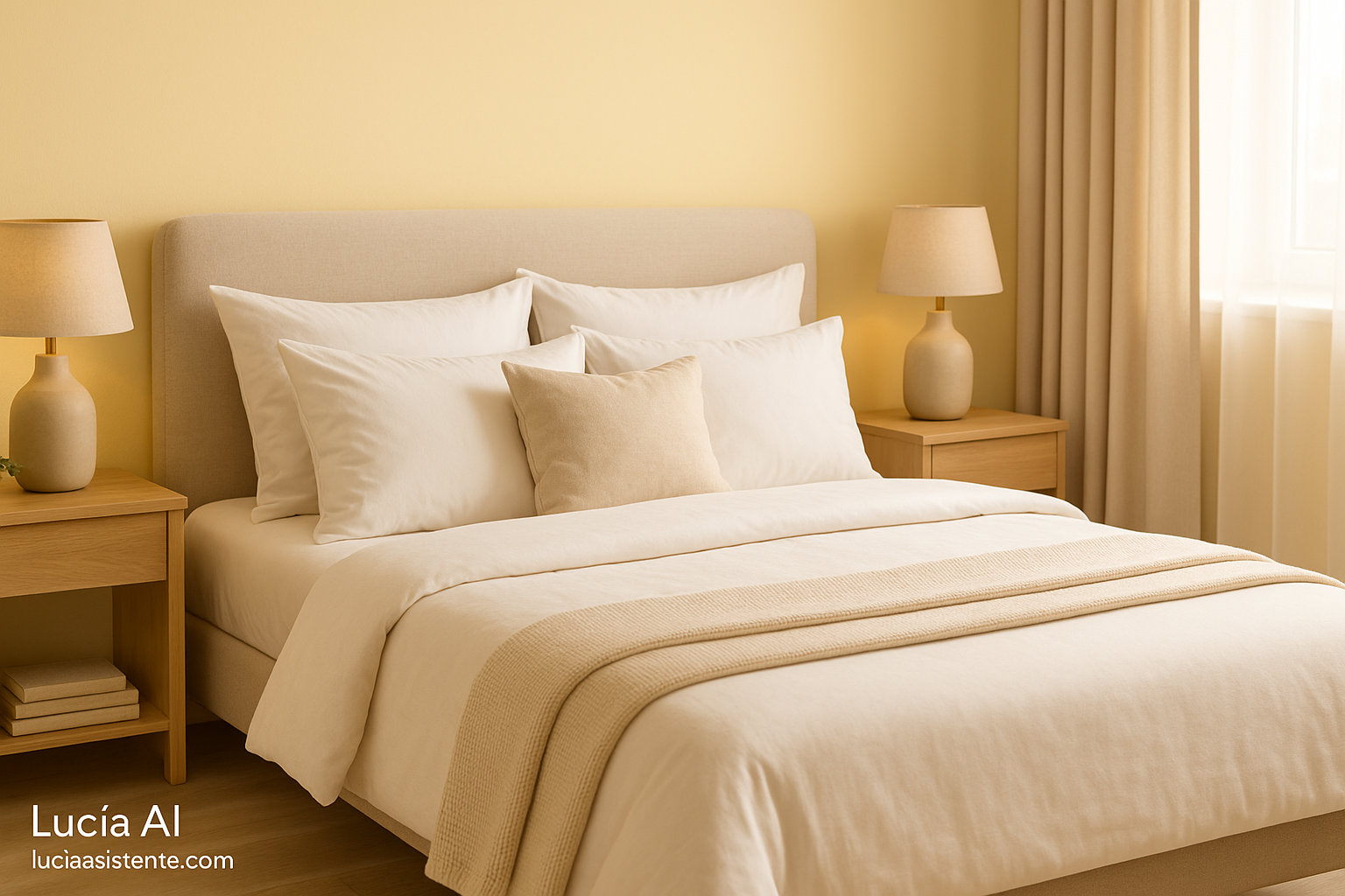 Dormitorio acogedor con cama bien organizada en tonos crema o blanco, cojines decorativos, lamparas modernas y cortinas suaves, estilo catalogo realista.