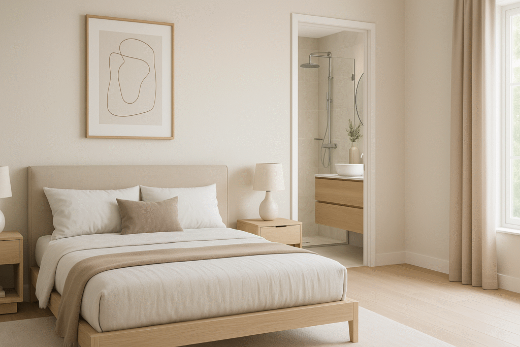 Dormitorio moderno con decoración minimalista y baño elegante de Lucia AI en luciaasistente.com