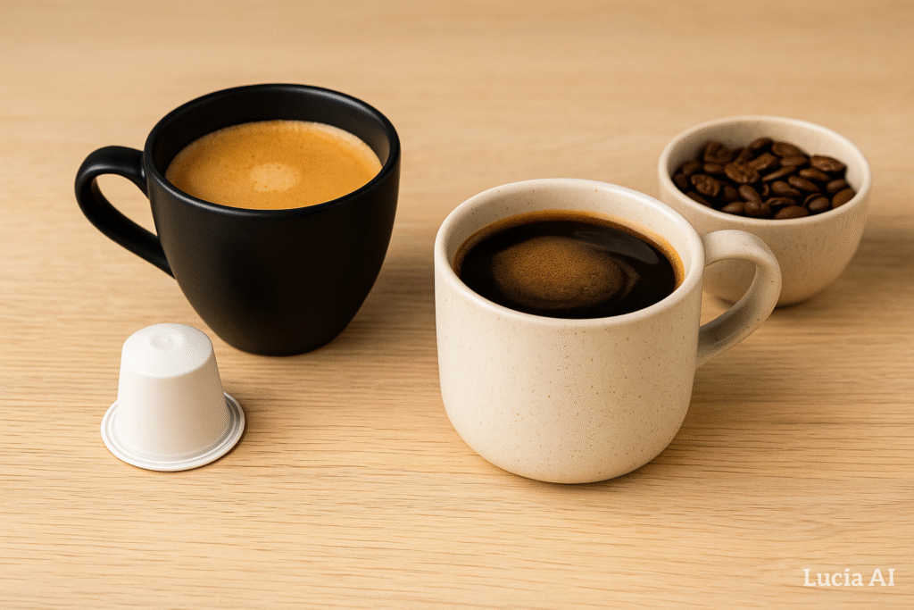 Café en cápsula vs café en grano, comparativa visual de sabor y estilo.
