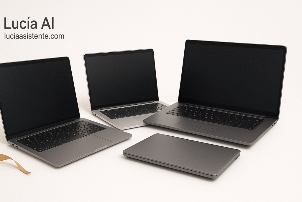 Varias laptops abiertas y una cerrada encima de un area de muestra o show room para mostrar mejores laptops 2025