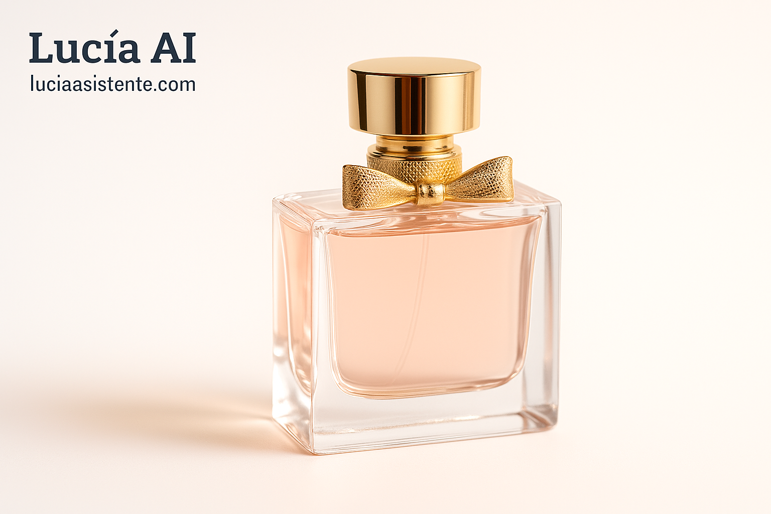 Perfume femenino estilo alta costura, frasco refinado sobre fondo blanco.