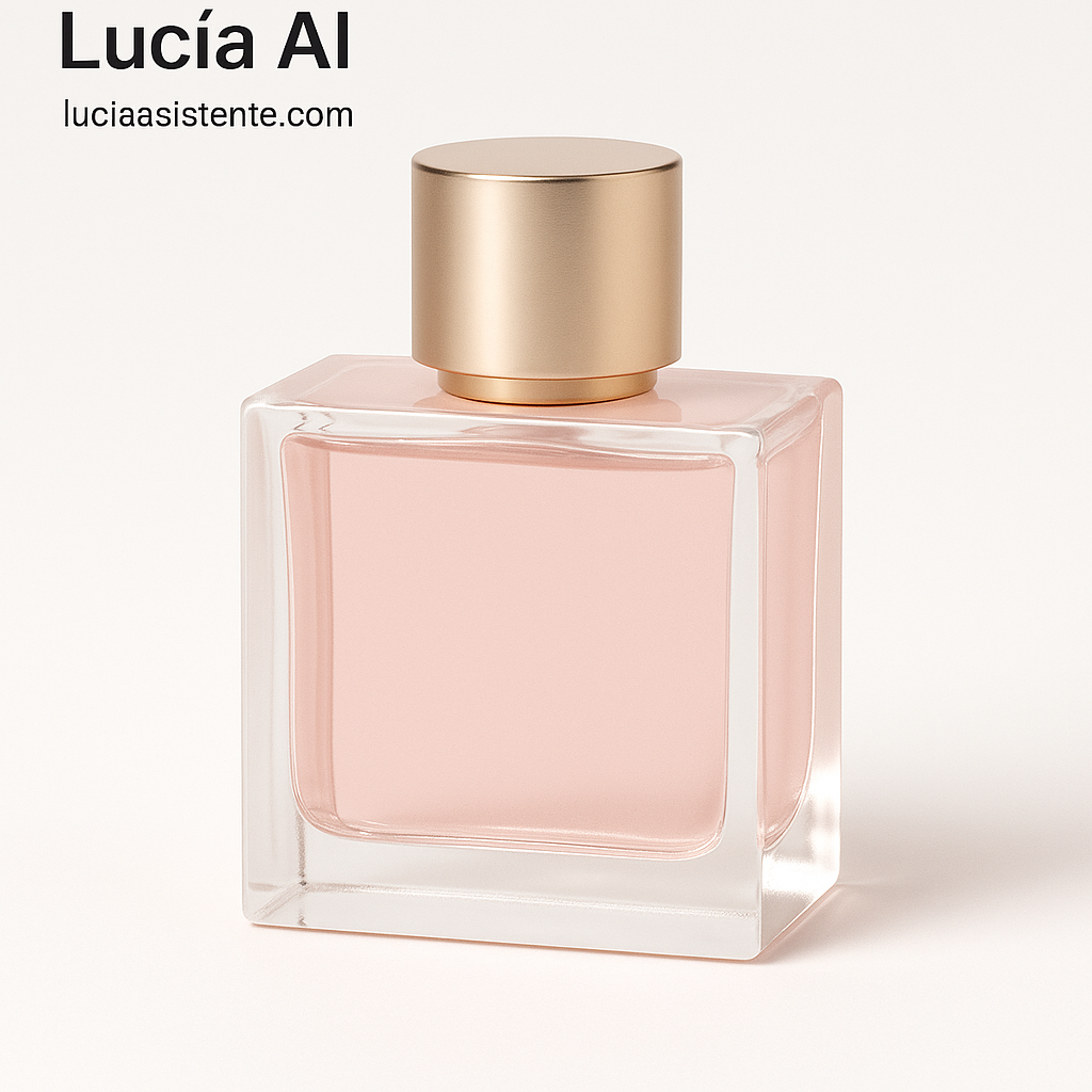 Frasco de perfume femenino minimalista con detalles dorados, fondo blanco.