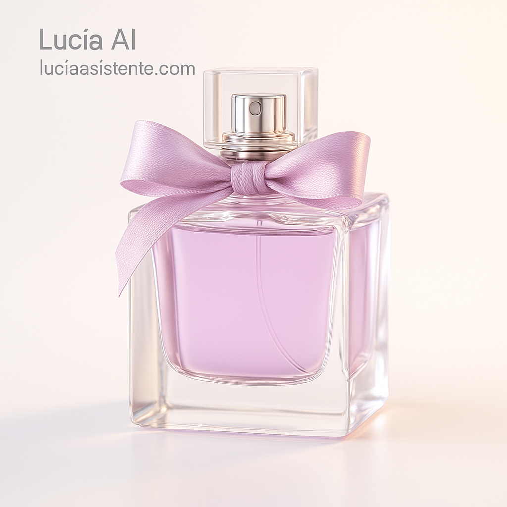 Perfume femenino con lazo delicado en el cuello del frasco, fondo blanco.