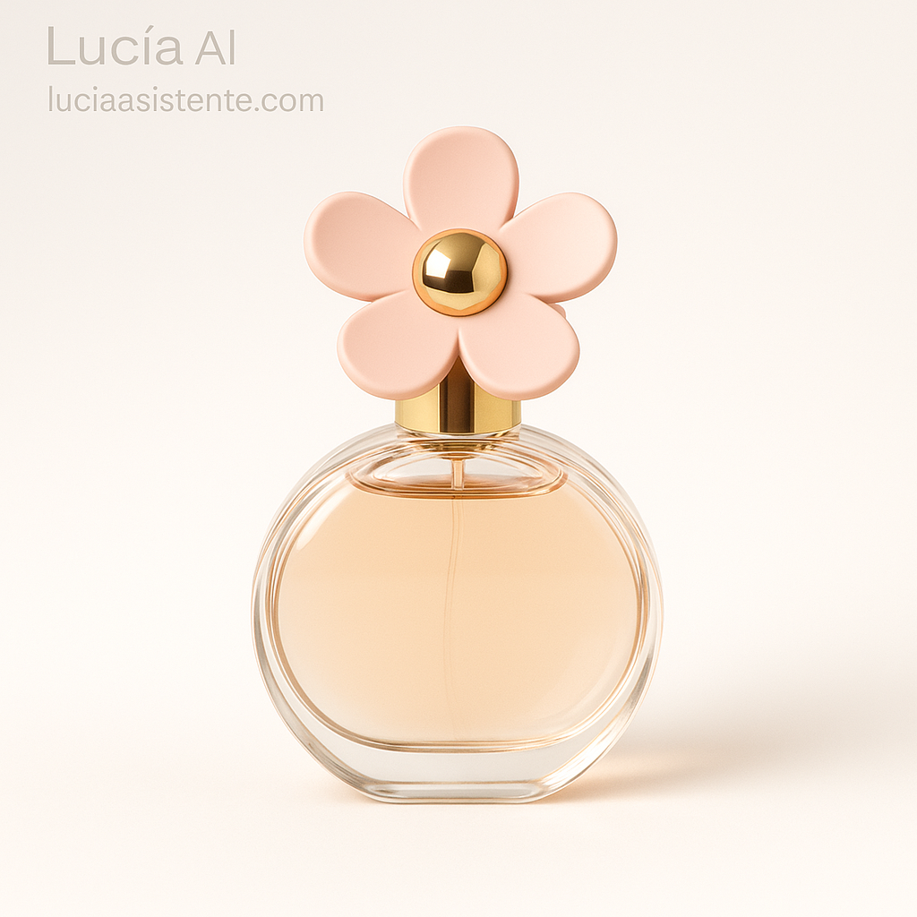 Perfume femenino con diseño juguetón y floral, fondo blanco.
