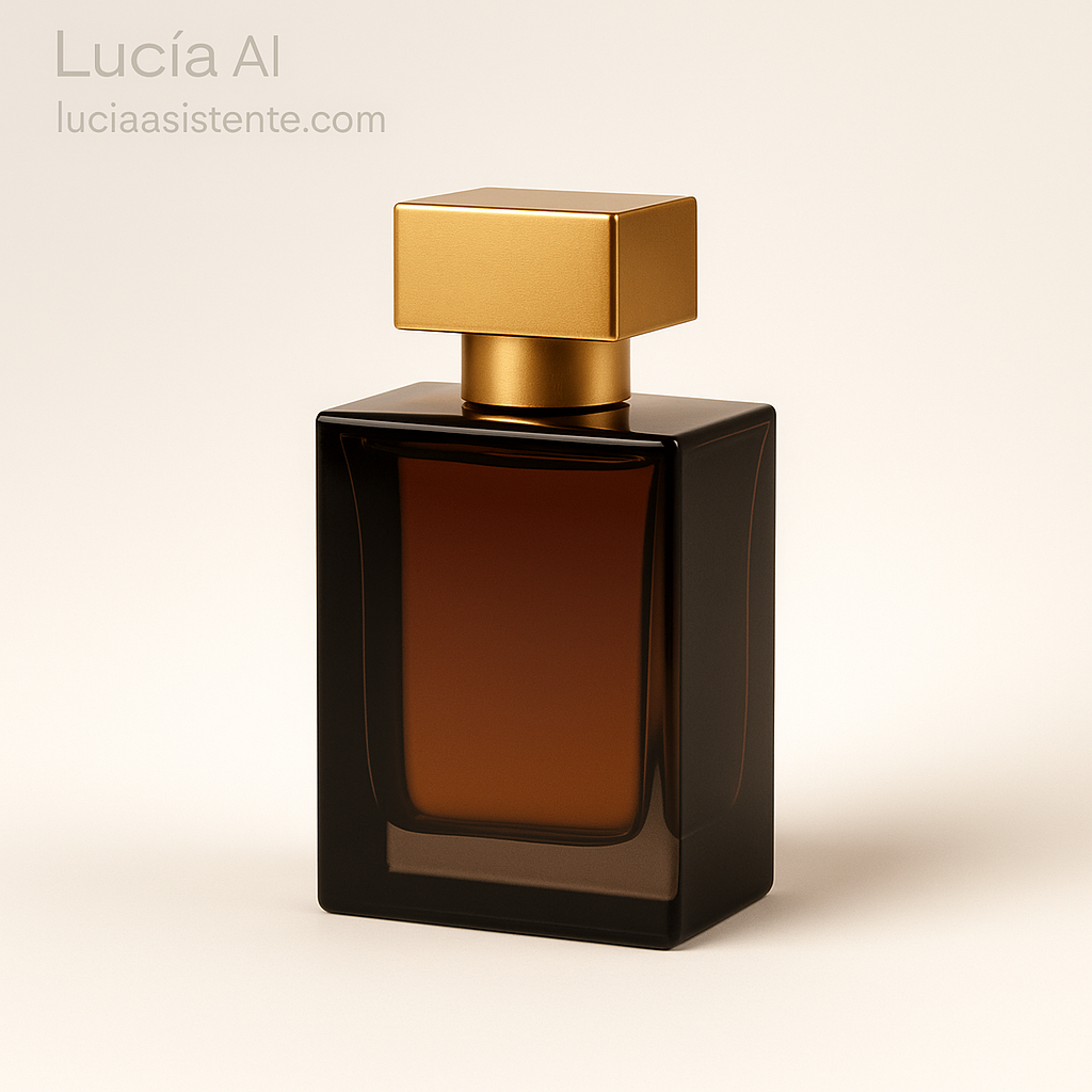 Frasco de perfume rectangular minimalista femenino, fondo blanco.