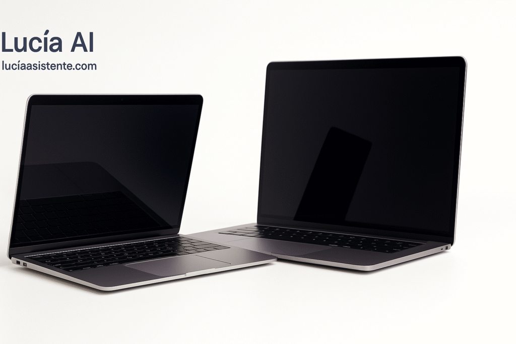 Comparativa de MacBook Apple 2025: modelos Air y Pro sobre fondo blanco estilo catálogo.
