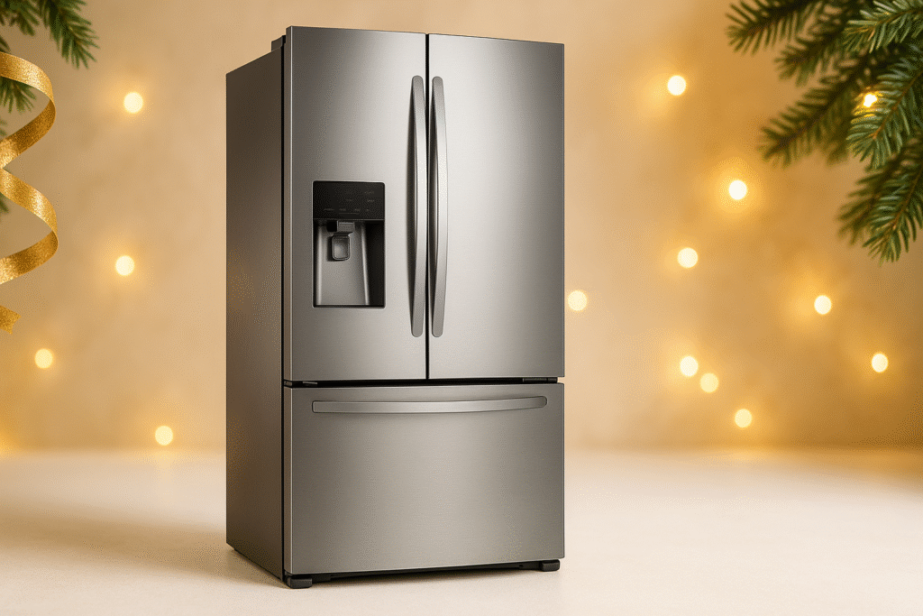 Refrigerador de dos puertas, color de acero inoxible con extractor de hielo usado como imagen destacada en la pagina de refrigeradores de Lucia AI