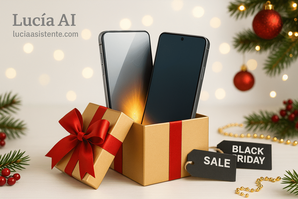 Caja de regalo abierta con telefonos premium billando dentro, creado para Lucia Ai en luciaasistente.com
