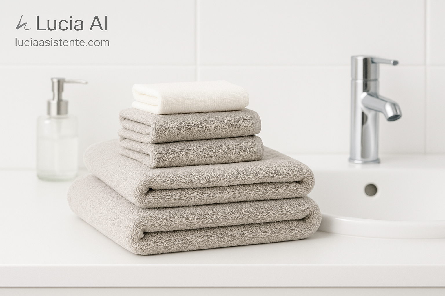 Toallas de mano y de invitados colocadas junto a un lavabo de baño moderno