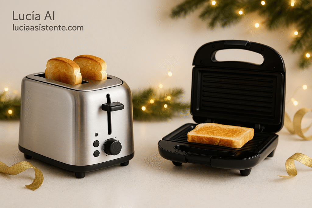 Tostadoras y sandwicheras con rebanadas de pan, ambas en una encimera rodeada de luces y adornos navidenos.