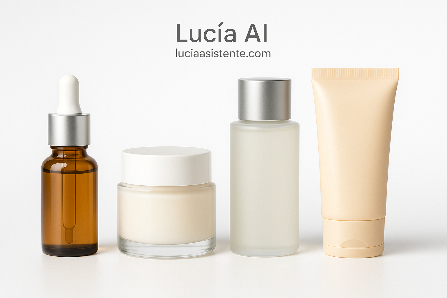 Serums, crema hidratante y protector solar organizados sobre fondo blanco.