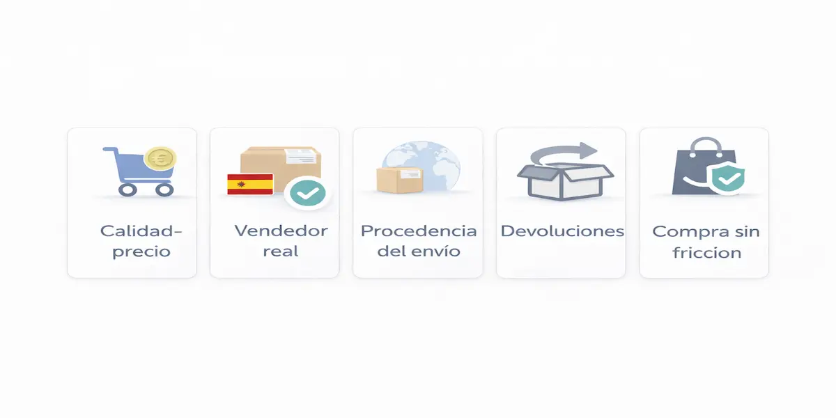 Interfaz visual para comprar online en España con foco en calidad-precio, compra local y comparación entre marcas