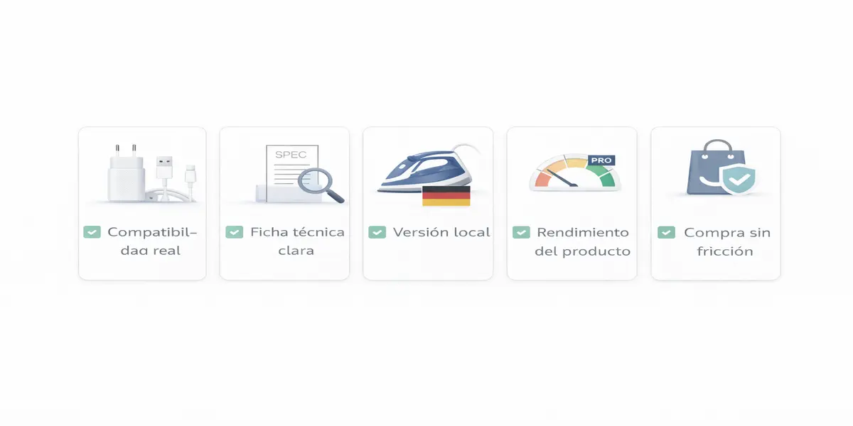 Interfaz visual para comprar online en Alemania con foco en compatibilidad, ficha técnica y relación precio-rendimiento