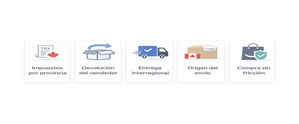 Interfaz visual para comprar online en Canadá con foco en impuestos por provincia, vendedor, devoluciones y entrega