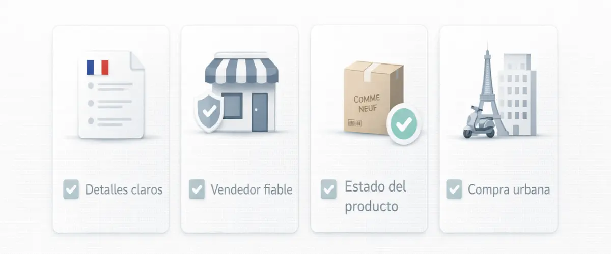 Interfaz visual para comprar online en Francia con foco en claridad de ficha, vendedor, estado del producto y compra urbana