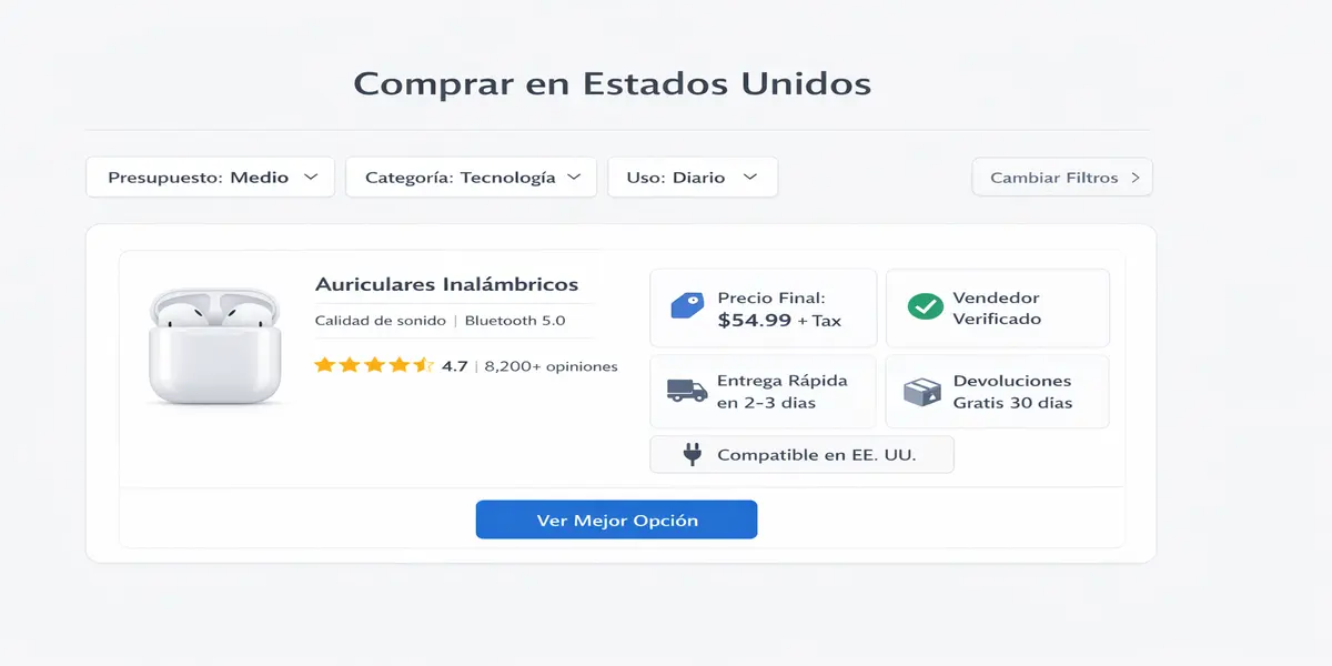 Interfaz visual para comprar online en Estados Unidos con foco en tax, vendedor, tallas y compatibilidad