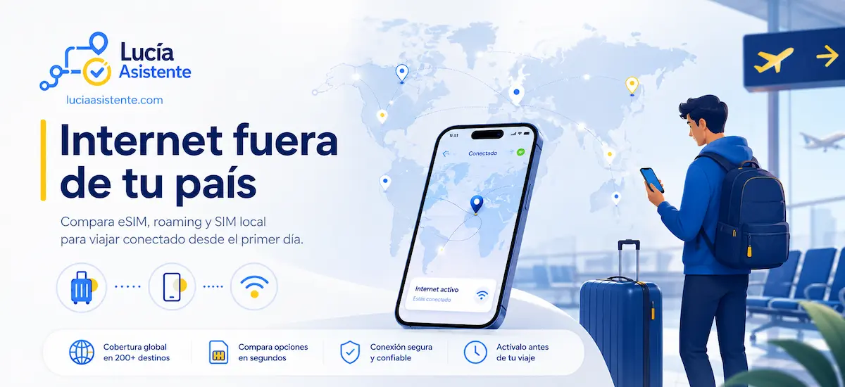 Internet fuera de tu país con móvil, mapa, maleta y señal de conexión