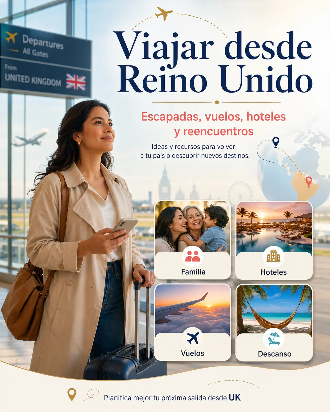 Mujer en un aeropuerto de Reino Unido lista para viajar