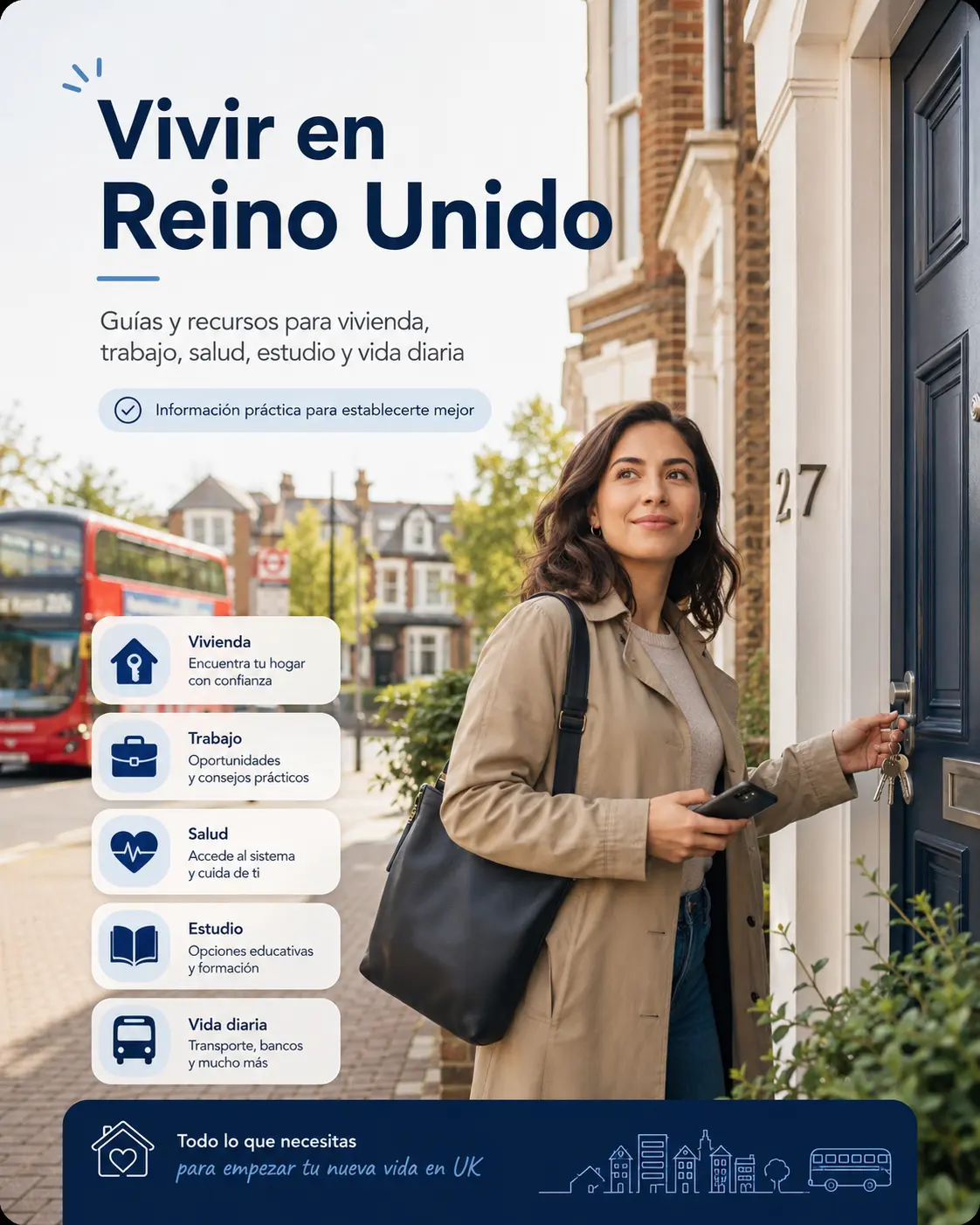 Una mujer llegando a casa e intentando abrir la puerta de su casa